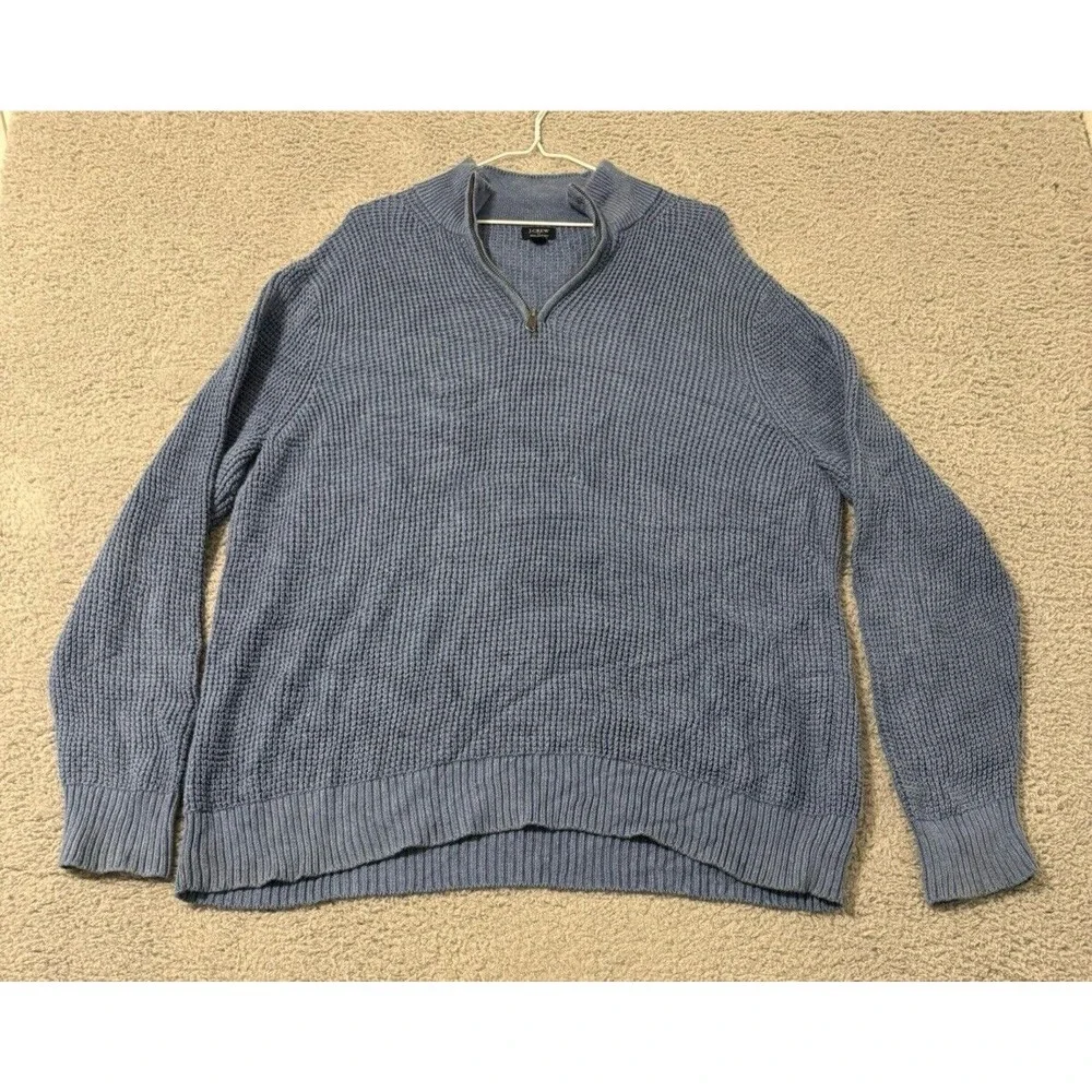 J CREW Blue Waffle Knit Size XL Long Sleeve Mock Neck 1/4‎ Zip Men's Sweater